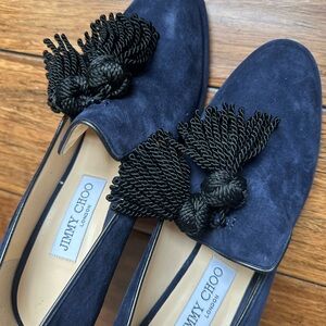Jimmy Choo Navy Suede Tassel Loafers with Black Rope Tassels